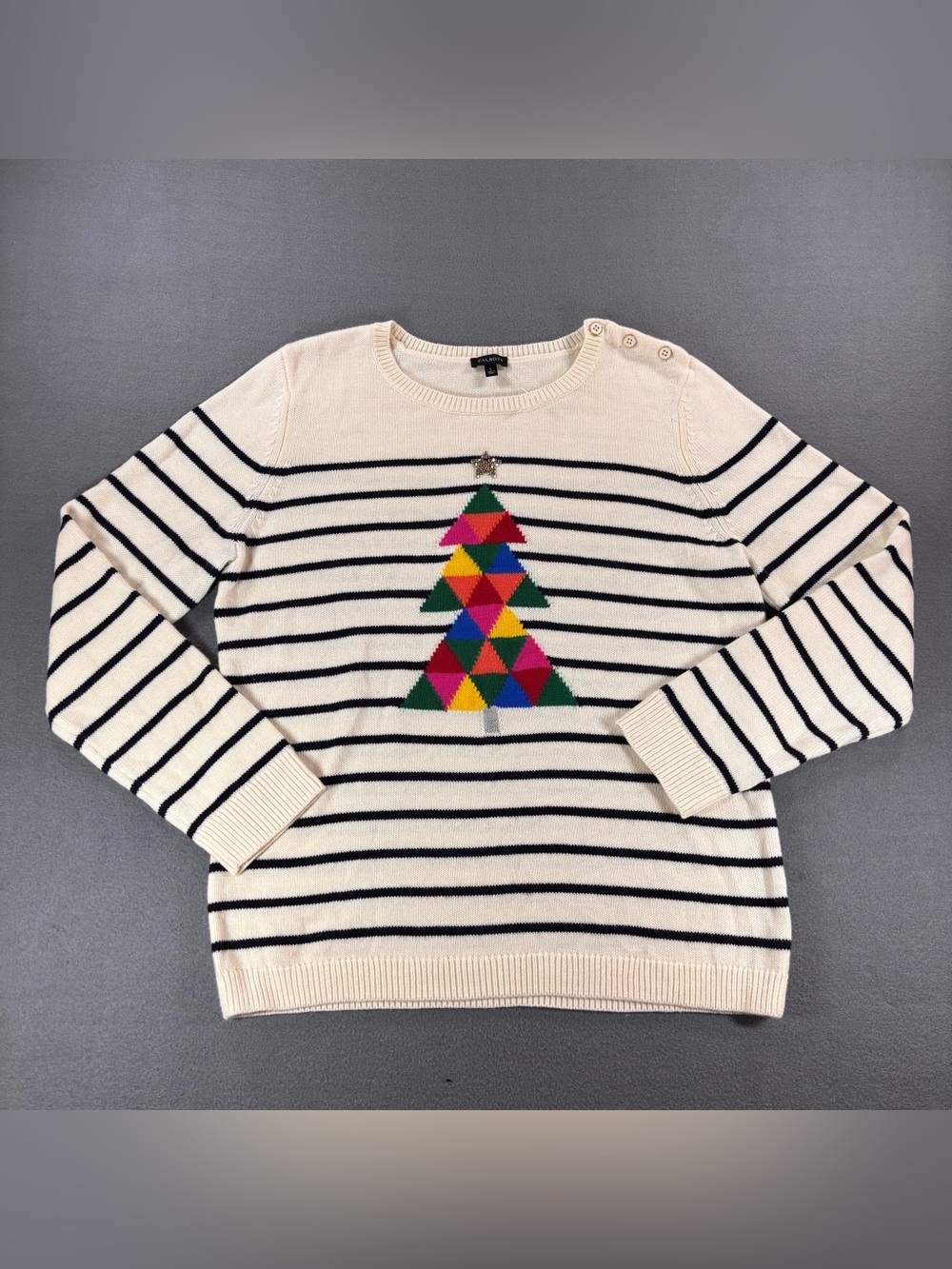 Talbots Women’s Christmas Tree Sweater Off‑White Stripe Crystal Size L